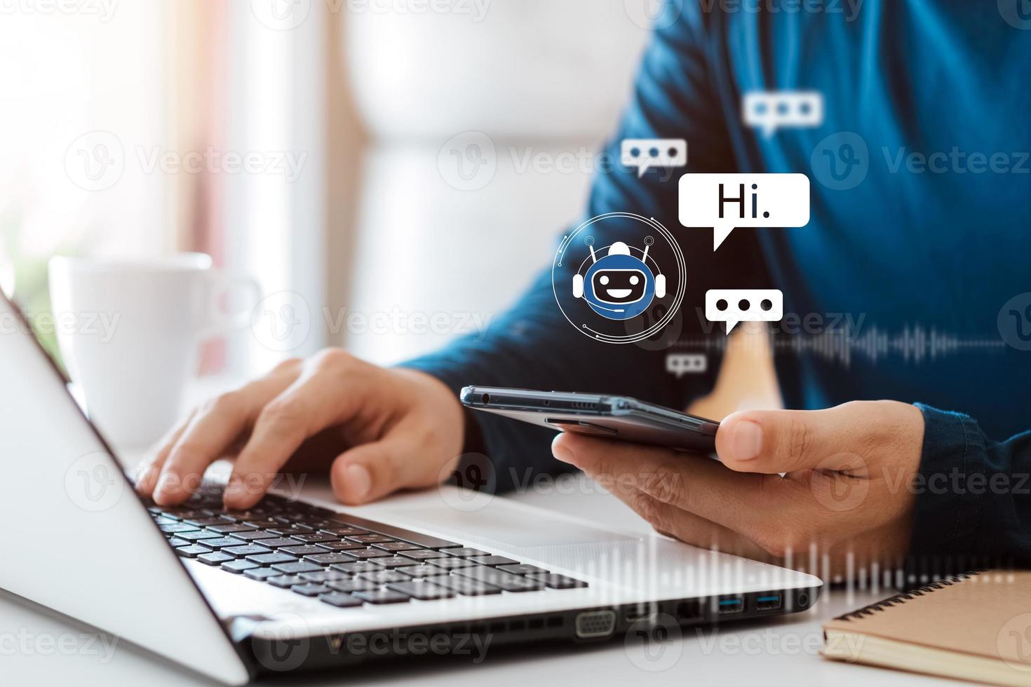 ai chatbot concepto de aplicación de servicio al cliente digital inteligente, la aplicación móvil de la computadora utiliza chatbots de inteligencia artificial que responden automáticamente a los mensajes en línea para ayudar a los clientes al instante foto