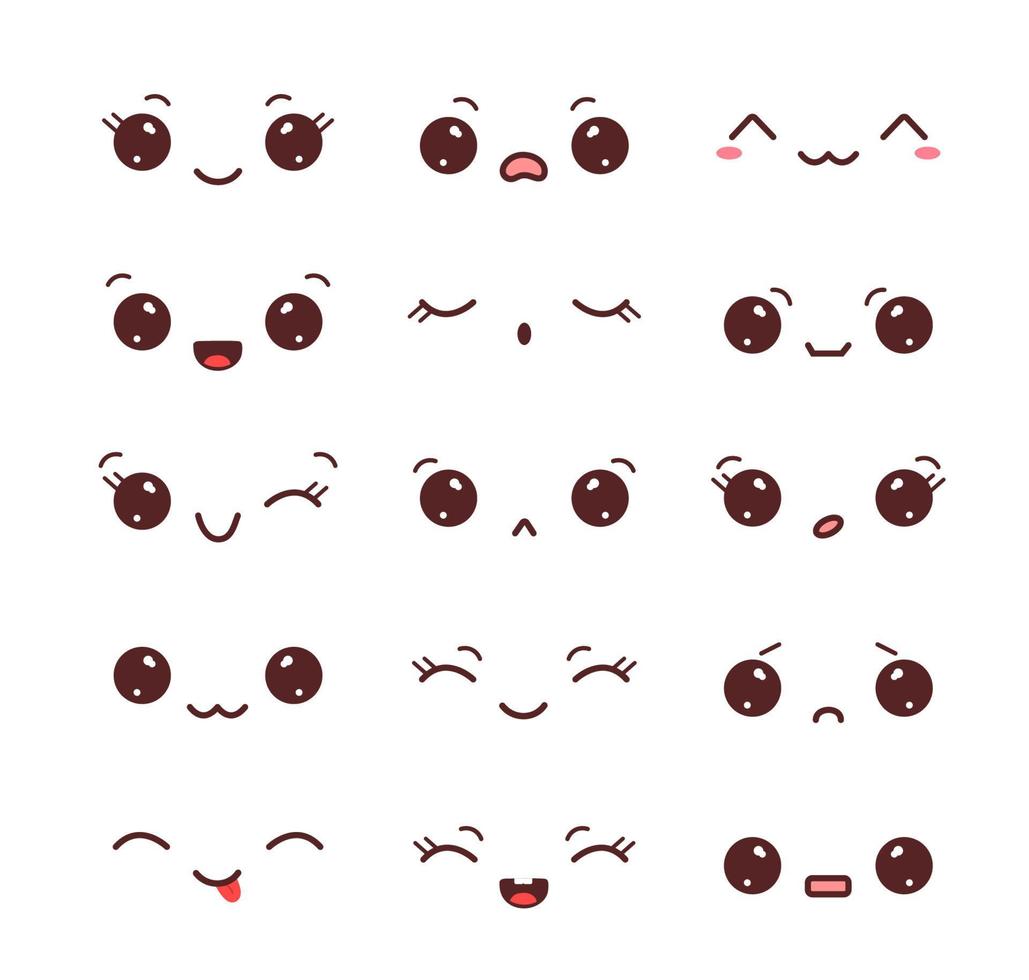 Set of kawaii faces isolated on white background. Collection of kawaii eyes and mouths with different emotions. Vector illustration