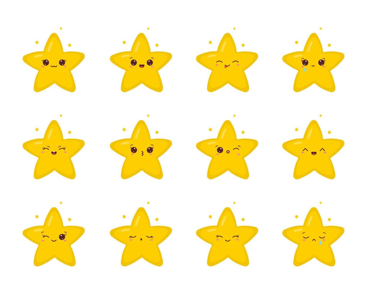 conjunto de estrellas centelleantes kawaii. colección de lindas estrellas emoji con diferentes emociones faciales. ilustración vectorial vector