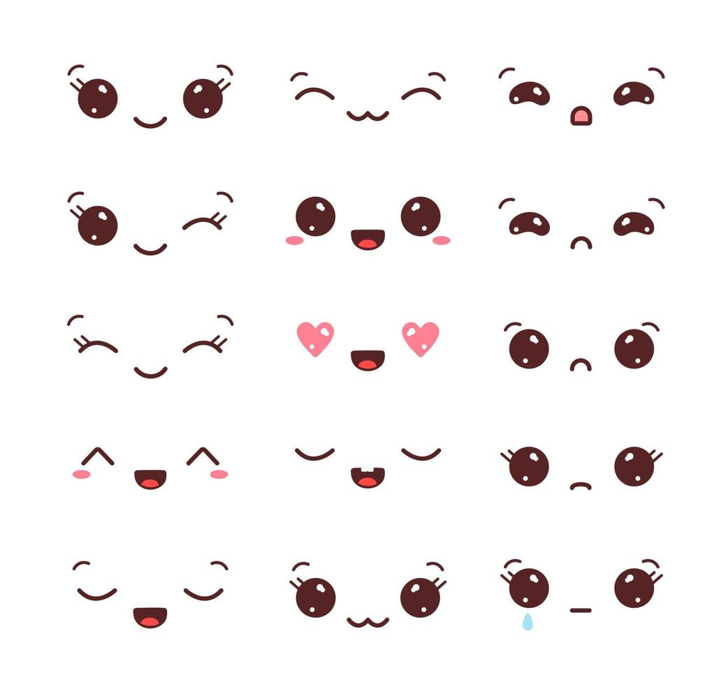 Set of kawaii faces. Collection of kawaii eyes and mouths with different emotions. Vector illustration