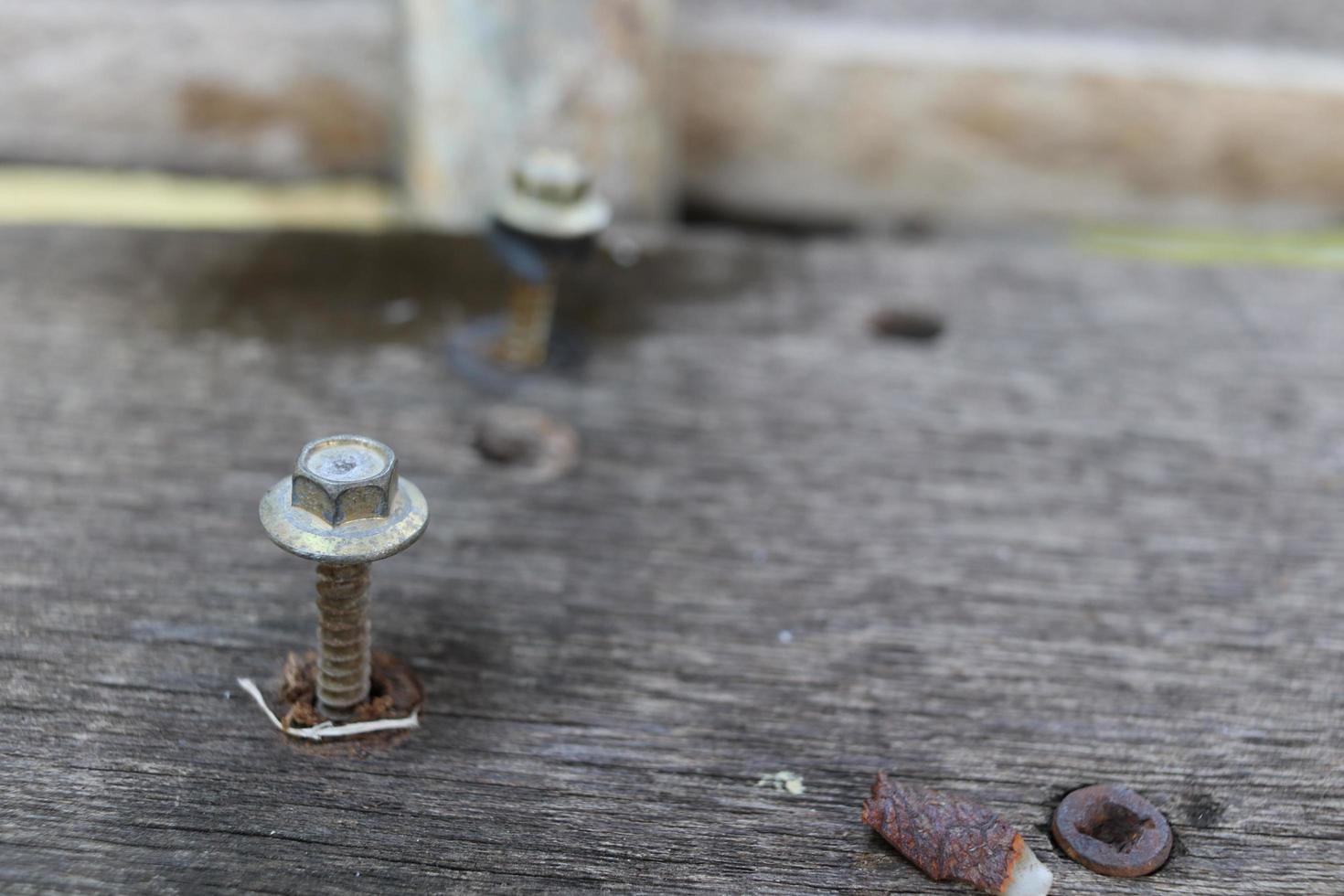 Screws are fixing on old wooden broad. photo