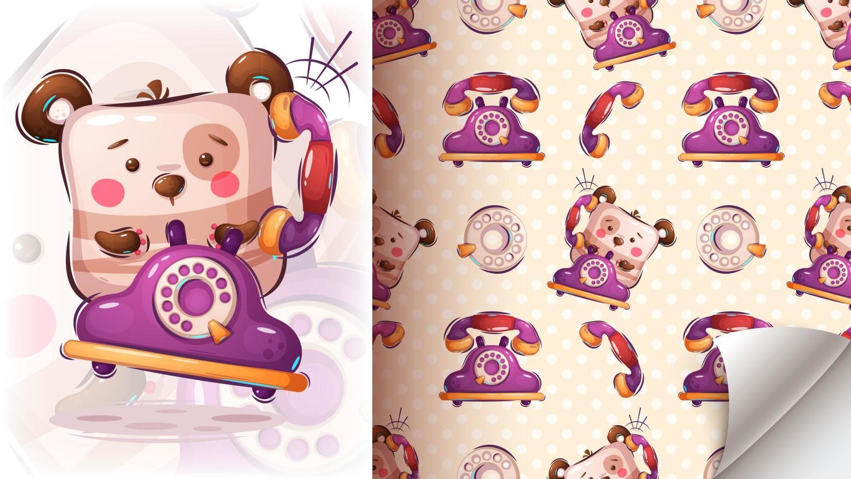 Cartoon character animal bear with phone - seamless pattern. vector