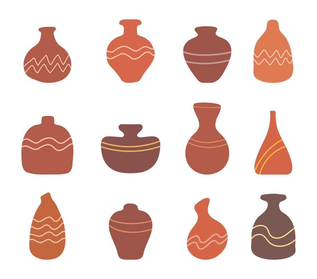 Ancient earthenware bowls or jars For decoration with flowers in a boho style. vector