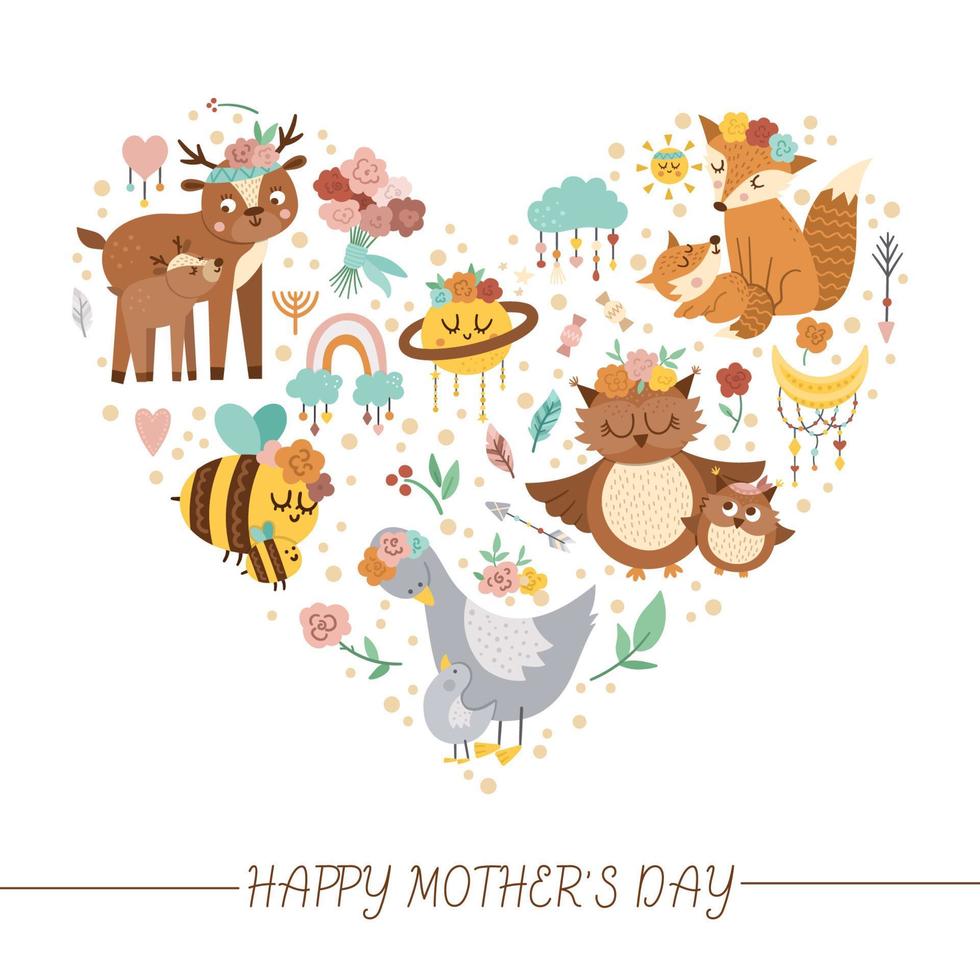 Vector heart shaped frame with Mothers day elements. Family love concept. Design for banners, posters, invitations. Cute boho style holiday card template with forest animals, birds, flowers.