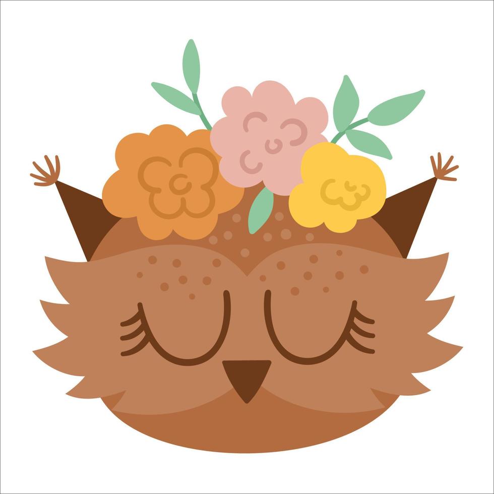 Vector cute wild animal face with flowers on head and closed eyes. Boho forest avatar. Funny owl illustration for kids. Woodland bird icon isolated on white background.