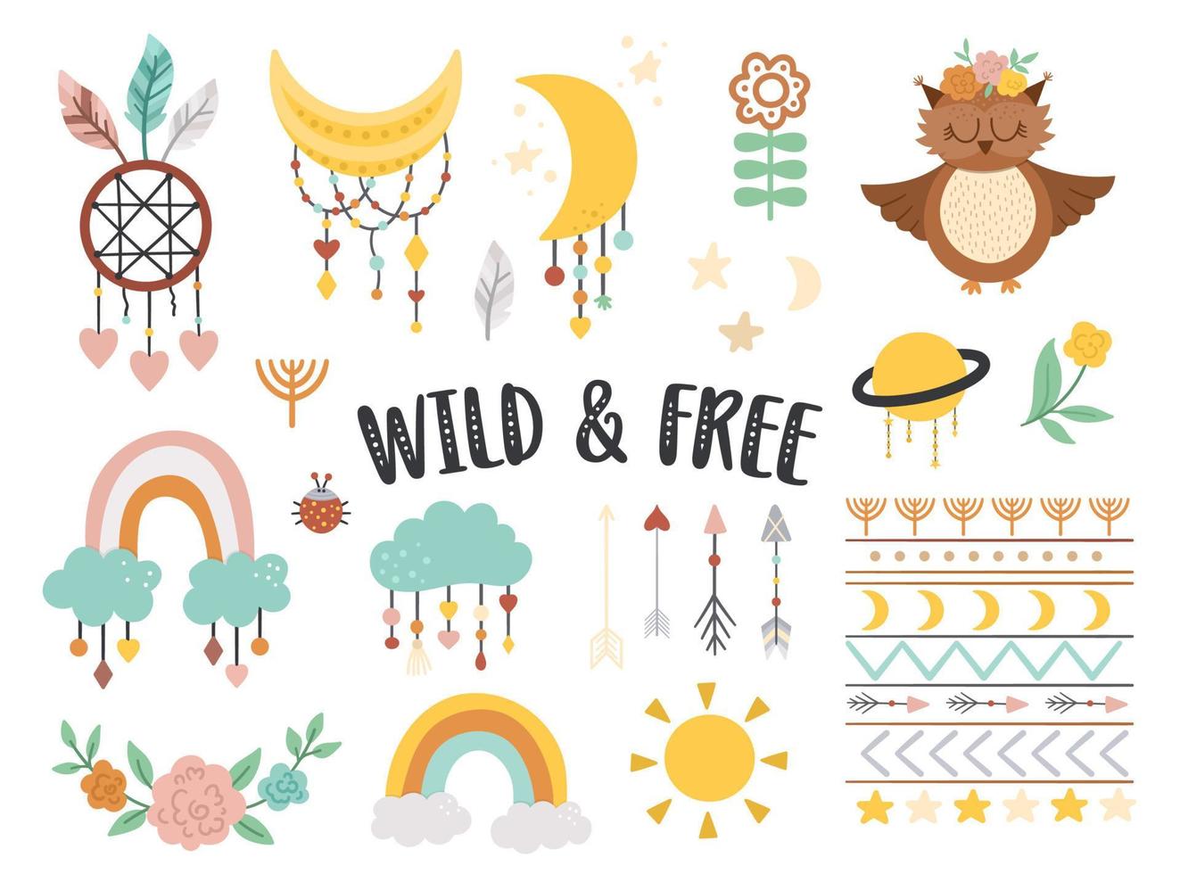 Vector wild and free elements collection. Bohemian illustrations set. Half moon, planet, dream catcher, flowers, arrows, owl isolated on white background. Baby boho icons pack with cute characters.