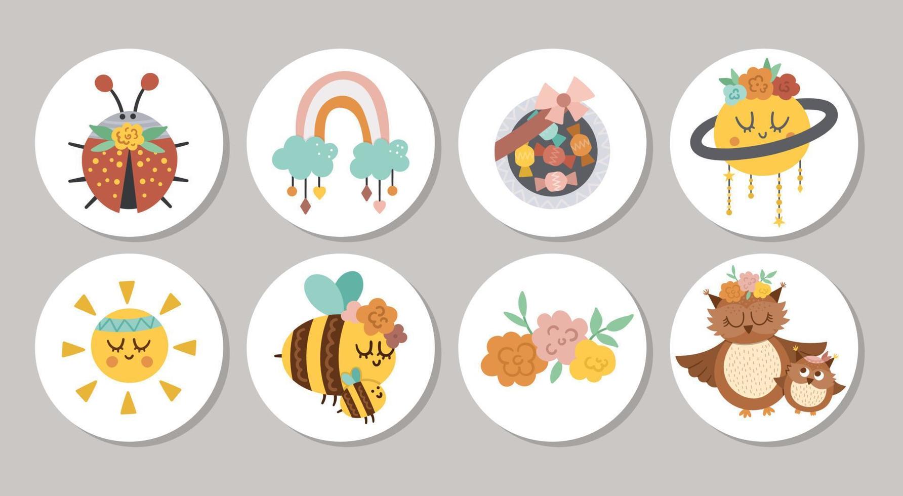 Cute set of round Mothers day highlight icons or card designs with cute animals, sweets, flowers. Vector spring holiday pin or badge design isolated on white background with family love concept