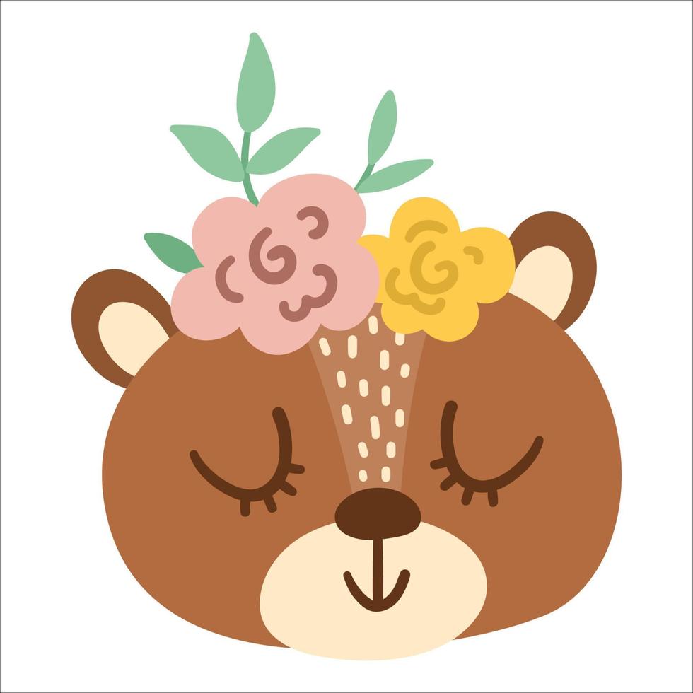 vector linda cara de animal salvaje con flores en la cabeza y ojos cerrados. avatar del bosque boho. divertida ilustración de oso para niños. icono de bosque aislado sobre fondo blanco.