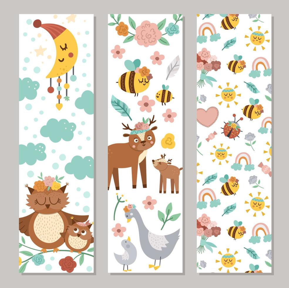 Set of Easter bookmarks or greeting card templates. Vertical Spring holiday posters or invitations. Bright green frame illustration with traditional symbols. Happy Easter design vector