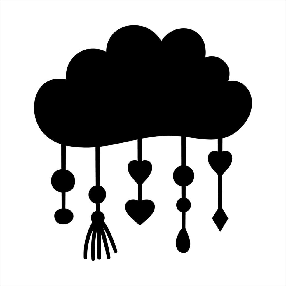 Vector boho cloud silhouette with pendants. Bohemian black icon shadow isolated on white background. Celestial ornate stencil illustration.