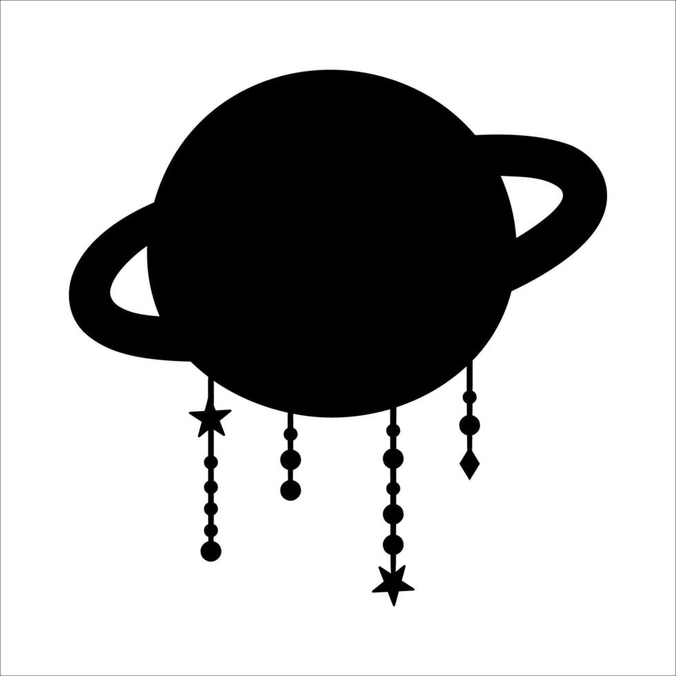 silueta de planeta boho vectorial con colgantes. icono de la luna bohemia aislado sobre fondo blanco. ilustración de sombra de estrella negra celestial. vector