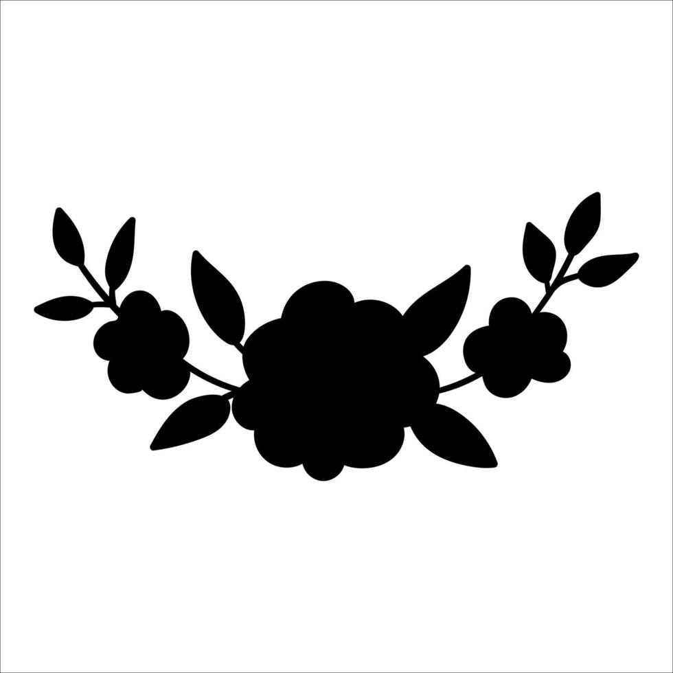 Vector floral horizontal decorative element silhouette. Black stencil illustration with rose flowers, leaves, branches. Beautiful spring or summer bouquet isolated on white background