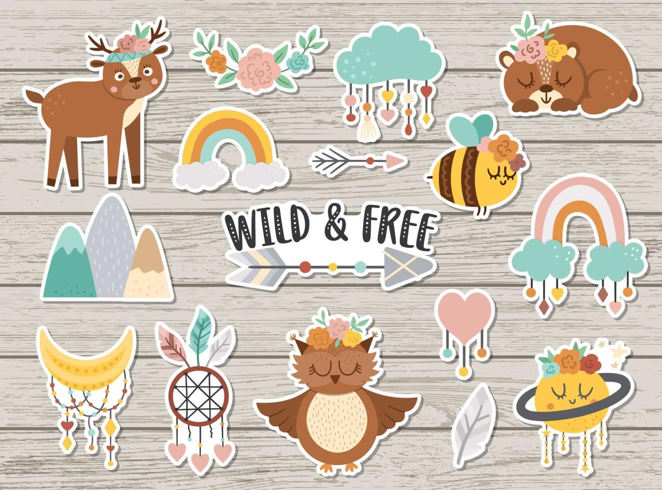 conjunto vectorial de pegatinas salvajes y gratuitas. colección de lindos personajes y objetos con concepto de naturaleza étnica. animales divertidos, arco iris, montañas sobre fondo de madera. paquete de parches boho vector