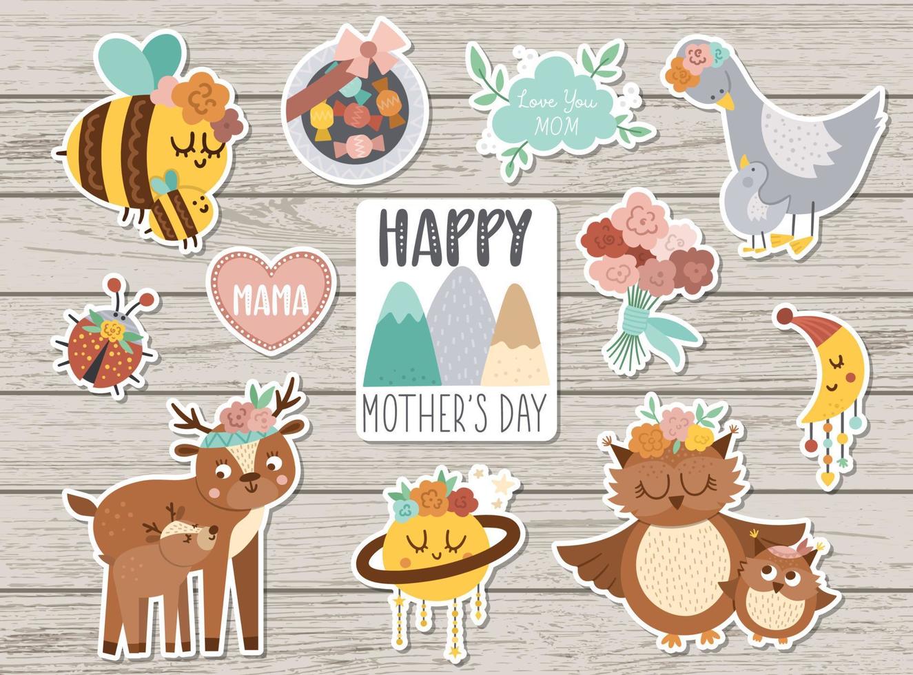 conjunto vectorial de pegatinas del día de la madre. colección de lindos personajes y objetos con concepto de amor familiar. divertido bebé y madre animales, flores, dulces sobre fondo de madera. paquete de parches de vacaciones vector