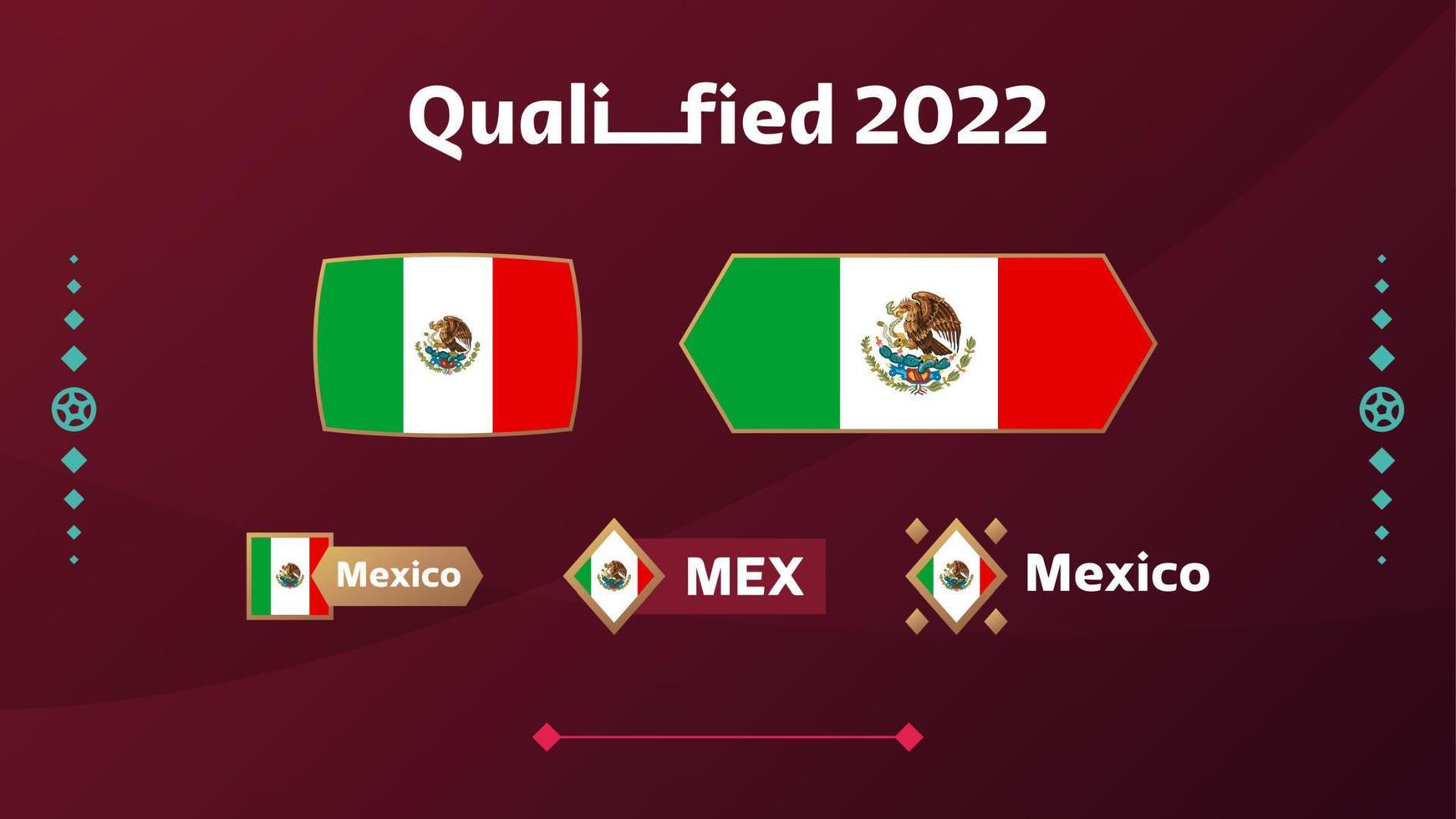 Set of mexico flag and text on 2022 football tournament background. Vector illustration Football Pattern for banner, card, website. national flag mexico
