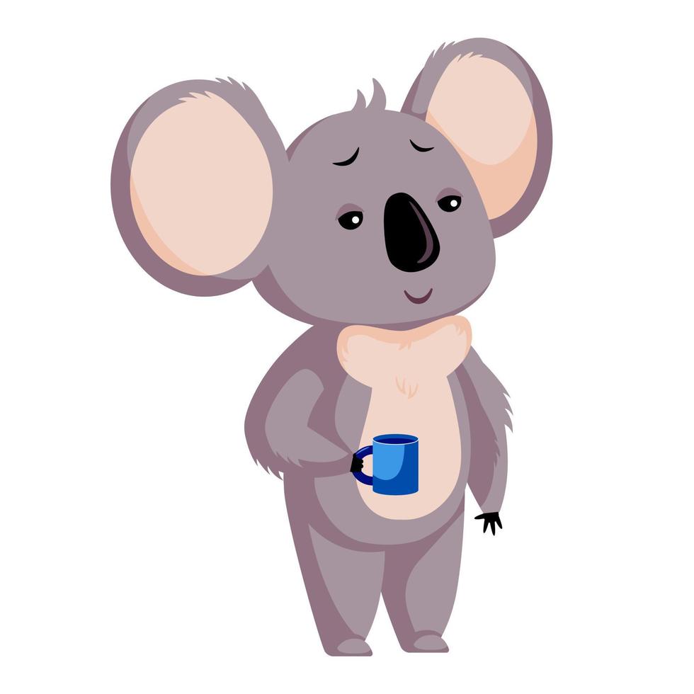 lindo koala soñoliento aislado sobre fondo blanco. personaje de dibujos animados bebe café. vector