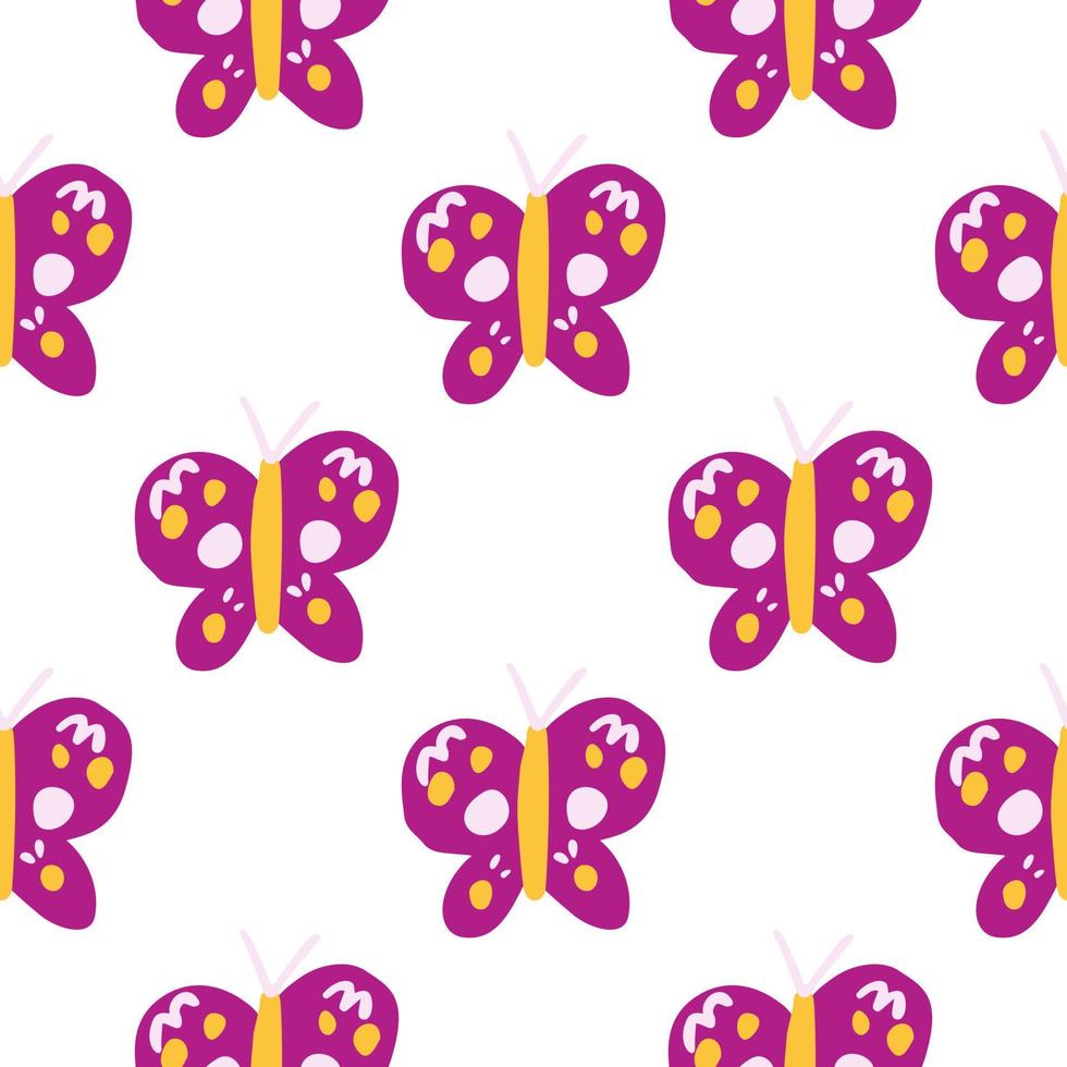 Cute butterfly seamless pattern. Doodle flying insect endless wallpaper. Naive art style. vector