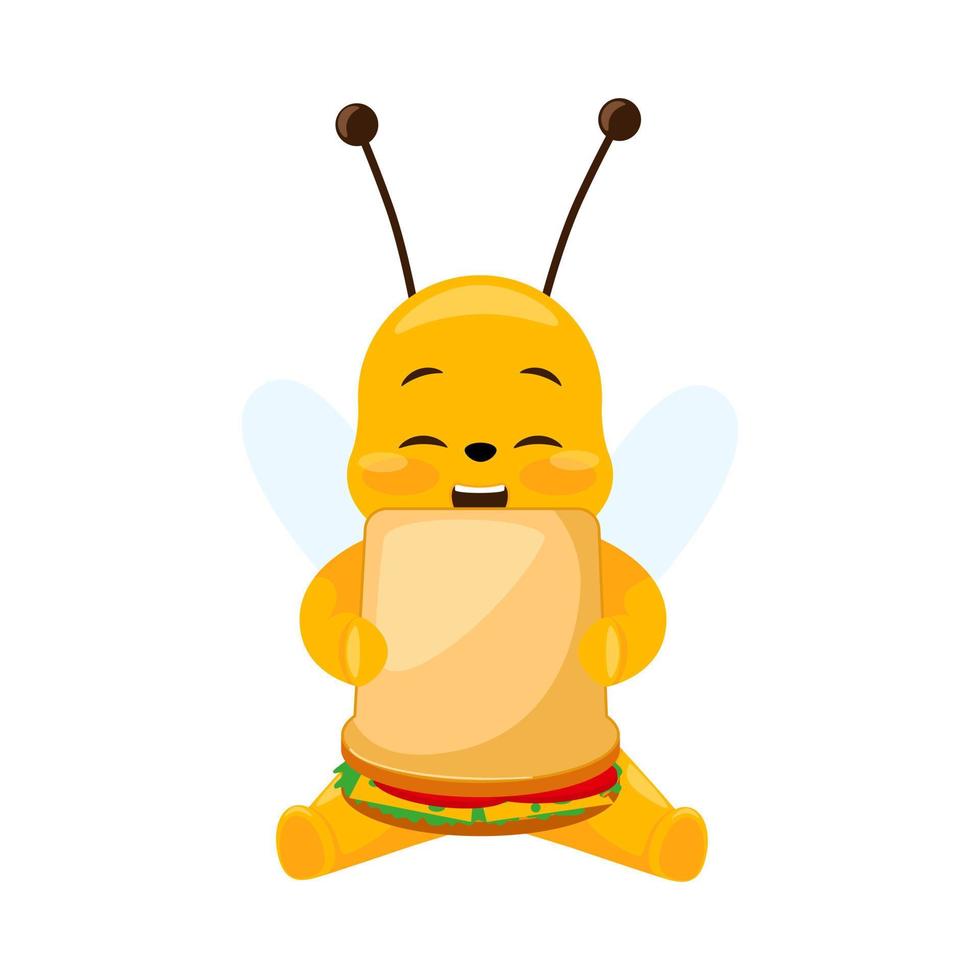 Linda abeja comiendo sándwiches aislado sobre fondo blanco. personaje de dibujos animados soñoliento feliz. vector