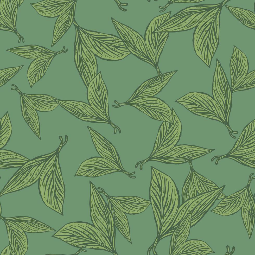 Seamless pattern engraved leaves. Vintage background of tea leaf in hand drawn style. vector