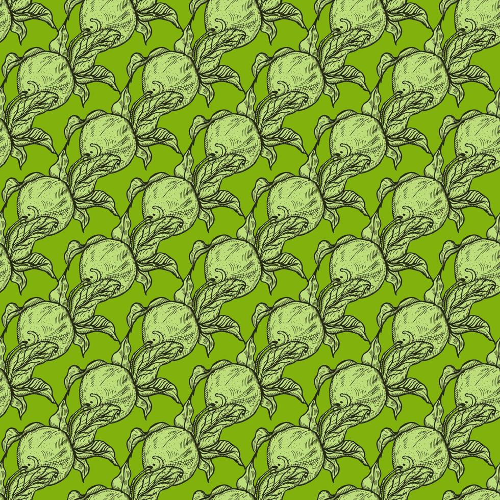 Seamless pattern engraved lemon on twig with leaves. Vintage background citrus fruit on branch in hand drawn style. vector