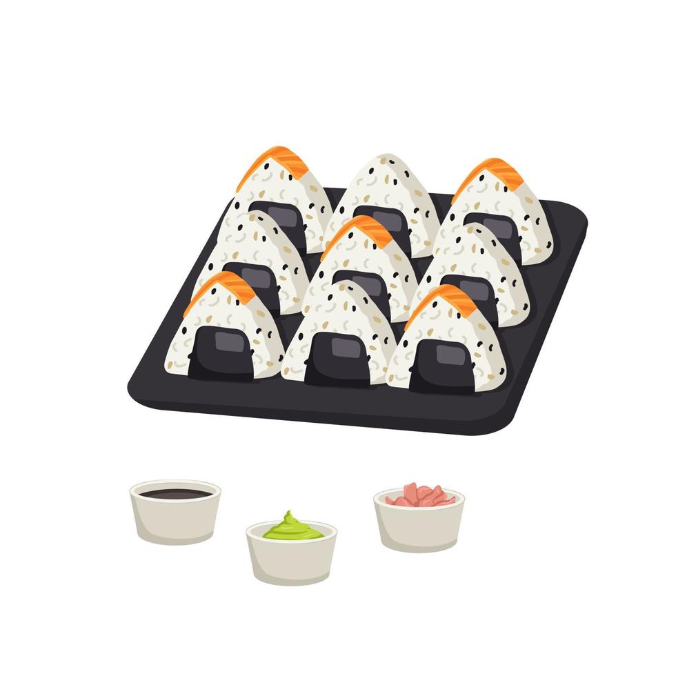 ambientado con sushi japonés y onigiri con pescado salmón. deliciosa comida tradicional oriental en bandeja negra con palillos, jengibre, wasabi y salsa de soja. ilustración de comida plana de vector