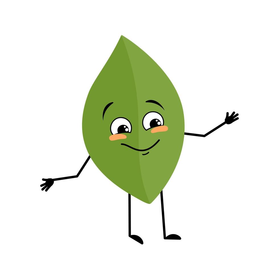 Leaf character with happy emotion, joyful face, smile eyes, arms and legs. Person with funny expression, green plant emoticon. Vector flat illustration