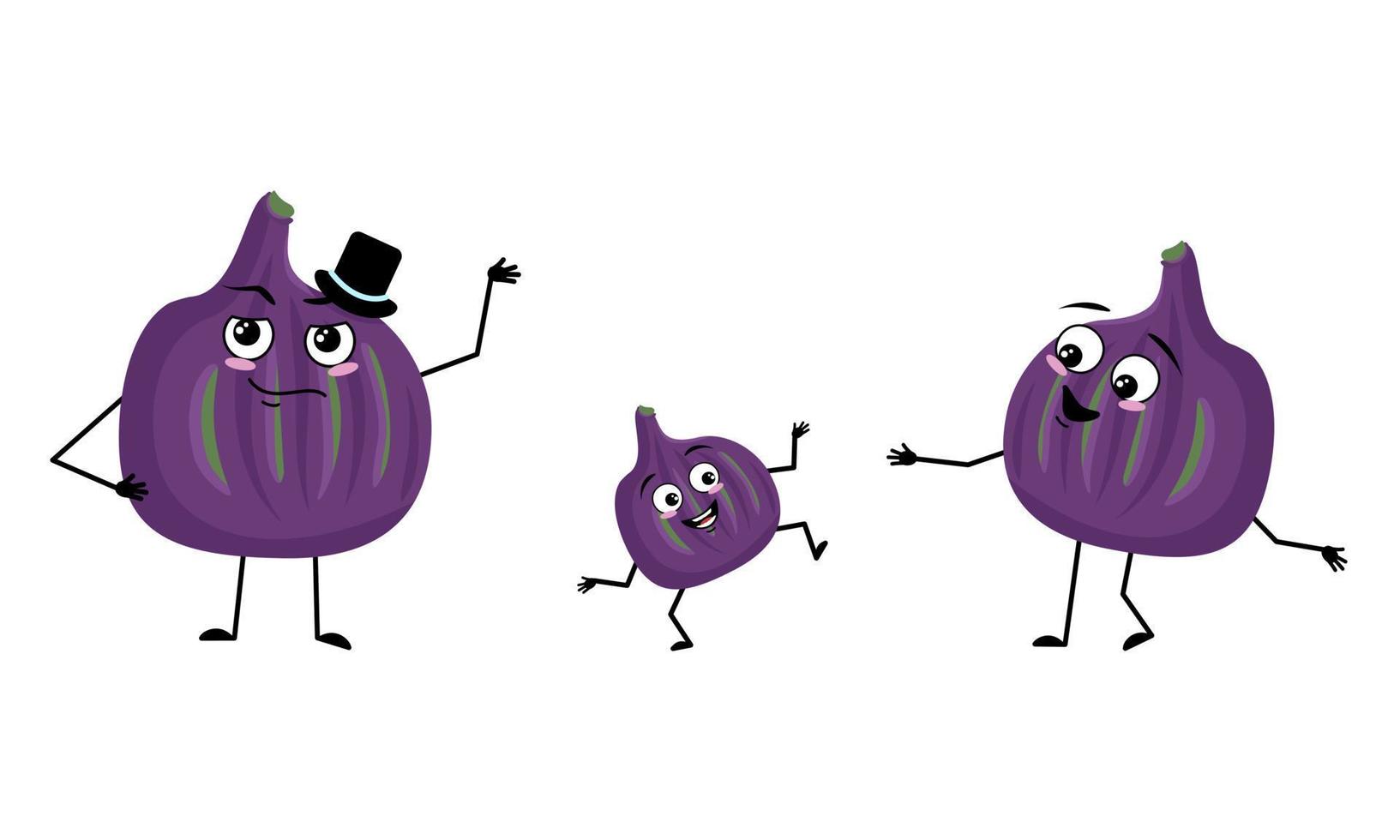 Family of fig fruit character  with happy emotions and poses, smile face, happy eyes, arms and legs. Mom is happy, dad is wearing hat and child with dancing pose. Vector flat illustration