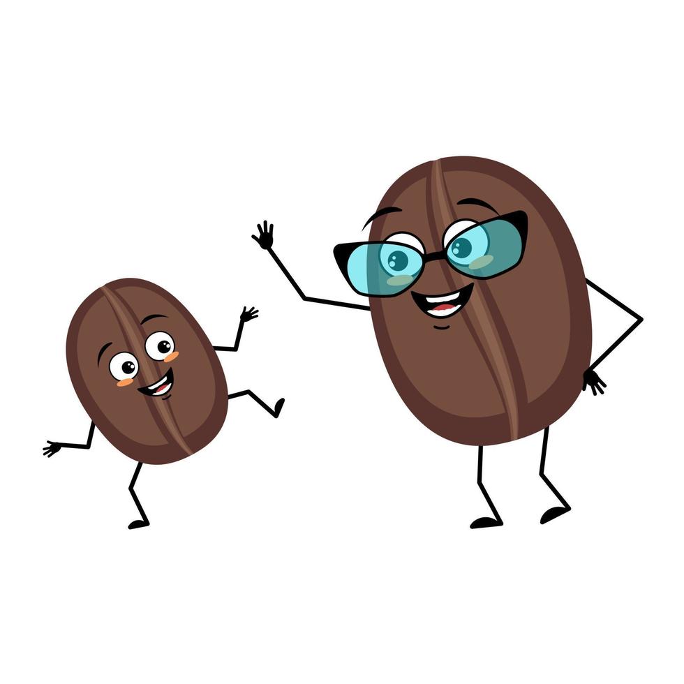 Coffee bean character with glasses and grandson dancing character with happy emotion, face, smile eyes, arms and legs. Person with expression, emoticon and pose. Vector flat illustration