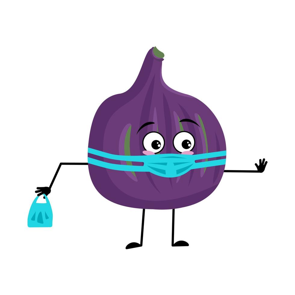 personaje de higo con cara en máscara médica y mantener distancia, manos con bolsa de compras y gesto de parada. persona con expresión de cuidado, emoticono de fruta violeta. ilustración plana vectorial vector