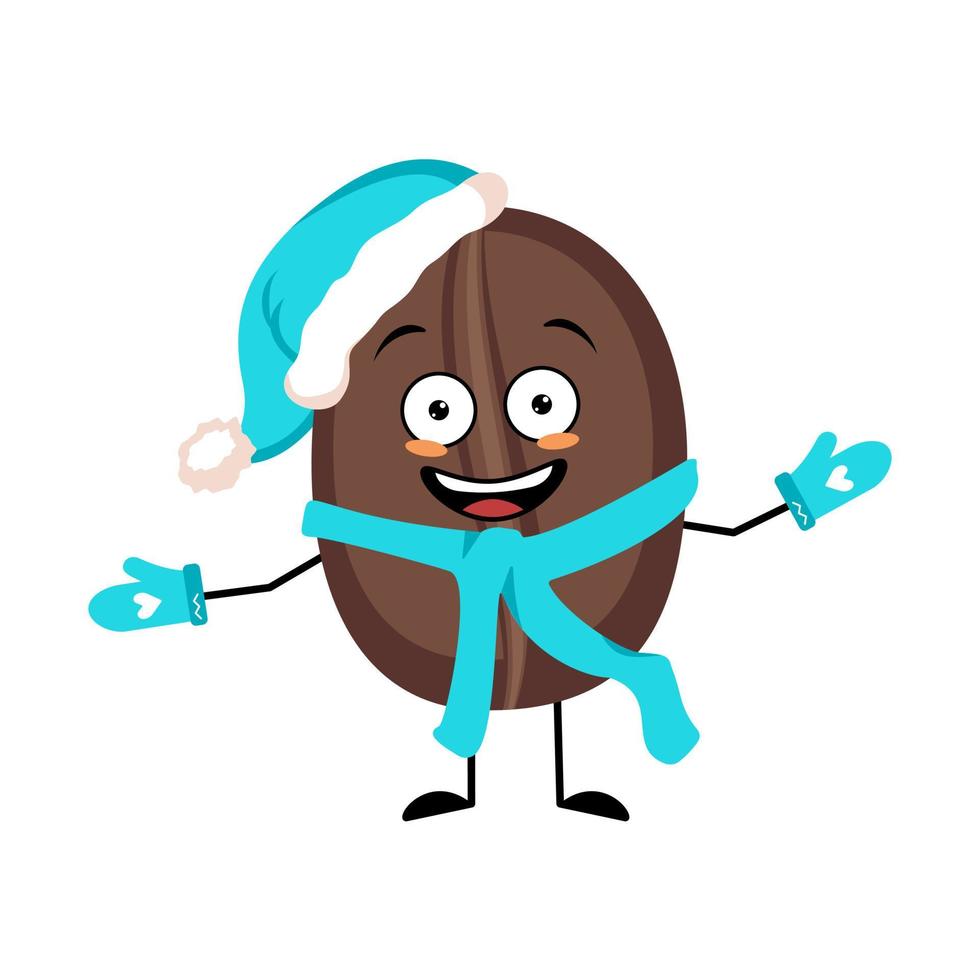 Coffee bean character in Santa hat with happy emotion, joyful face, smile eyes, arms and legs. Person with happy expression, emoticon and pose. Vector flat illustration