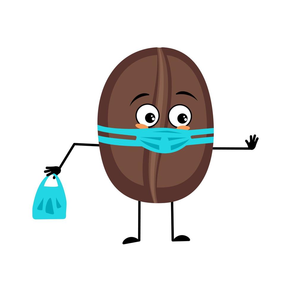 Coffee bean character with face in medical mask and keep distance, hands with shopping bag and stop gesture. Food person with care expression and pose. Vector flat illustration