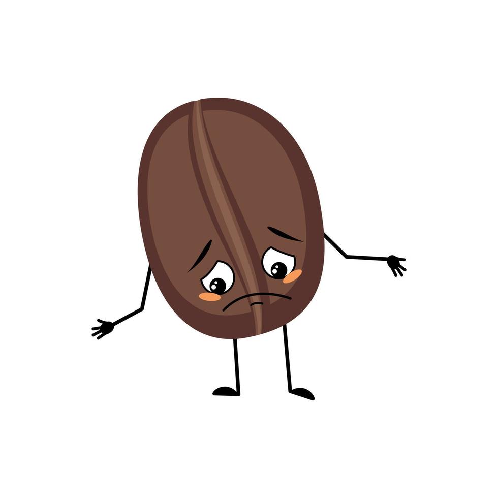 Coffee bean character with sad emotions, depressed face, down eyes, arms and legs. Food person with melancholy expression and pose. Vector flat