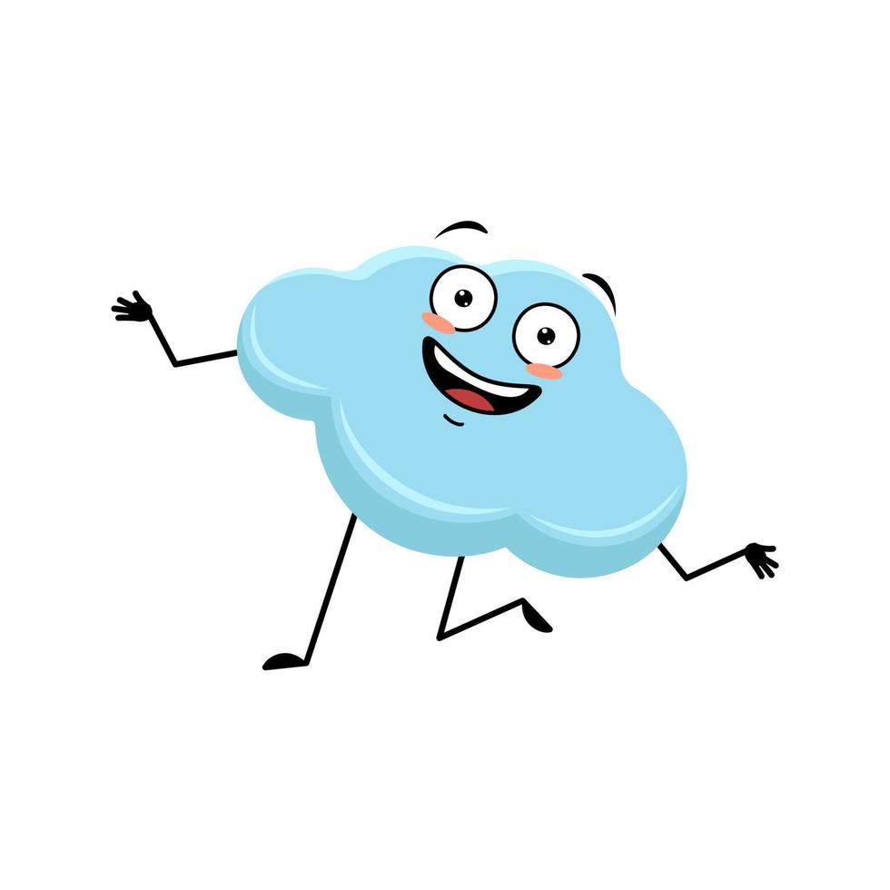 lindo personaje de nube con loca emoción feliz, cara alegre, ojos sonrientes, brazos y piernas bailando. persona con expresión divertida y pose. ilustración plana vectorial vector