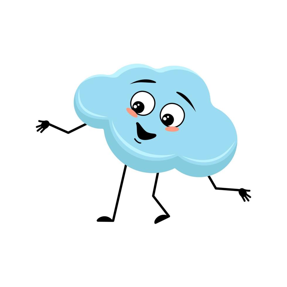 lindo personaje de nube con emoción feliz, cara alegre, ojos sonrientes, brazos y piernas. persona con expresión divertida y pose. ilustración plana vectorial vector