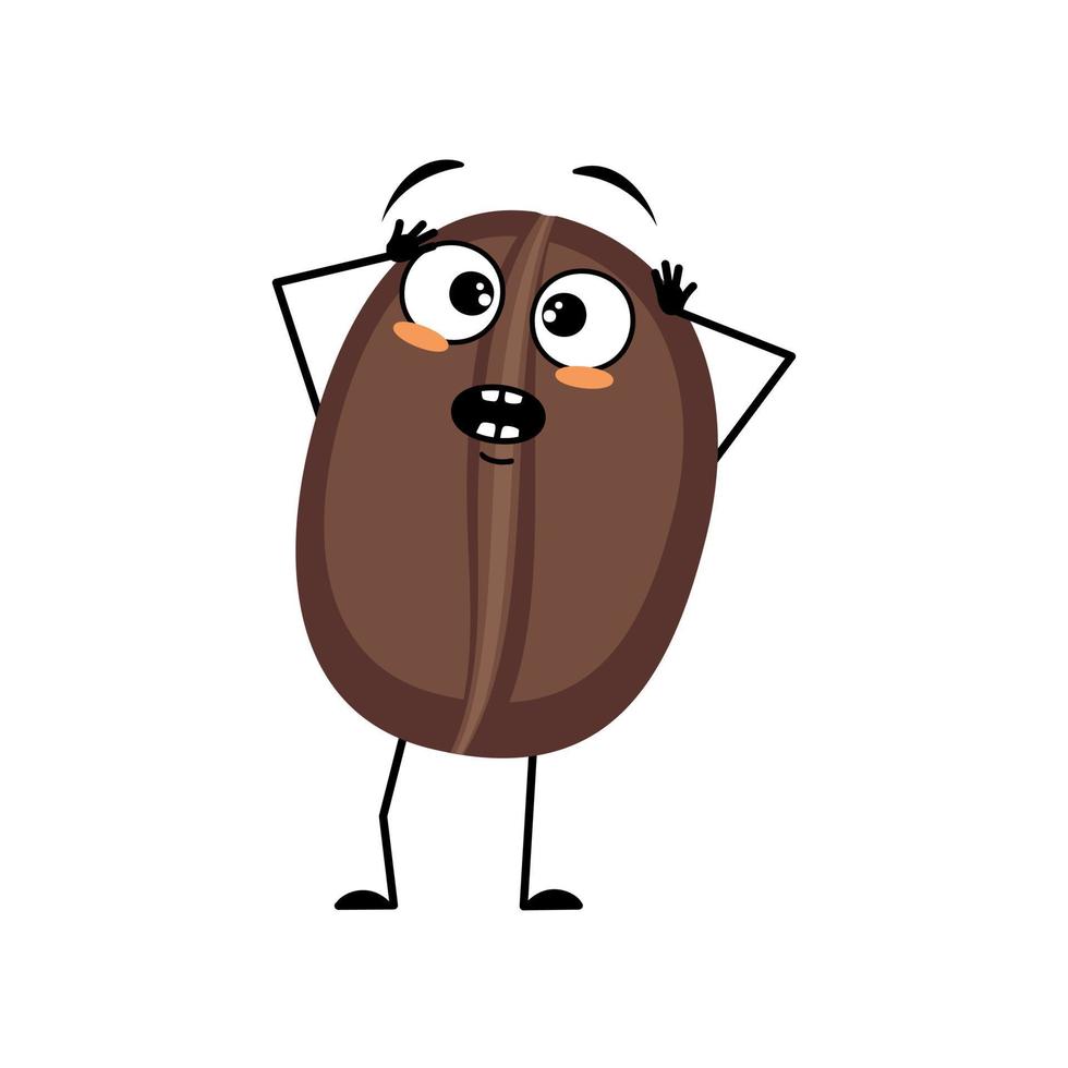 Coffee bean character with panic emotions, surprised face, shocked eyes, arms and legs. Food person with scared expression and pose. Vector flat illustration