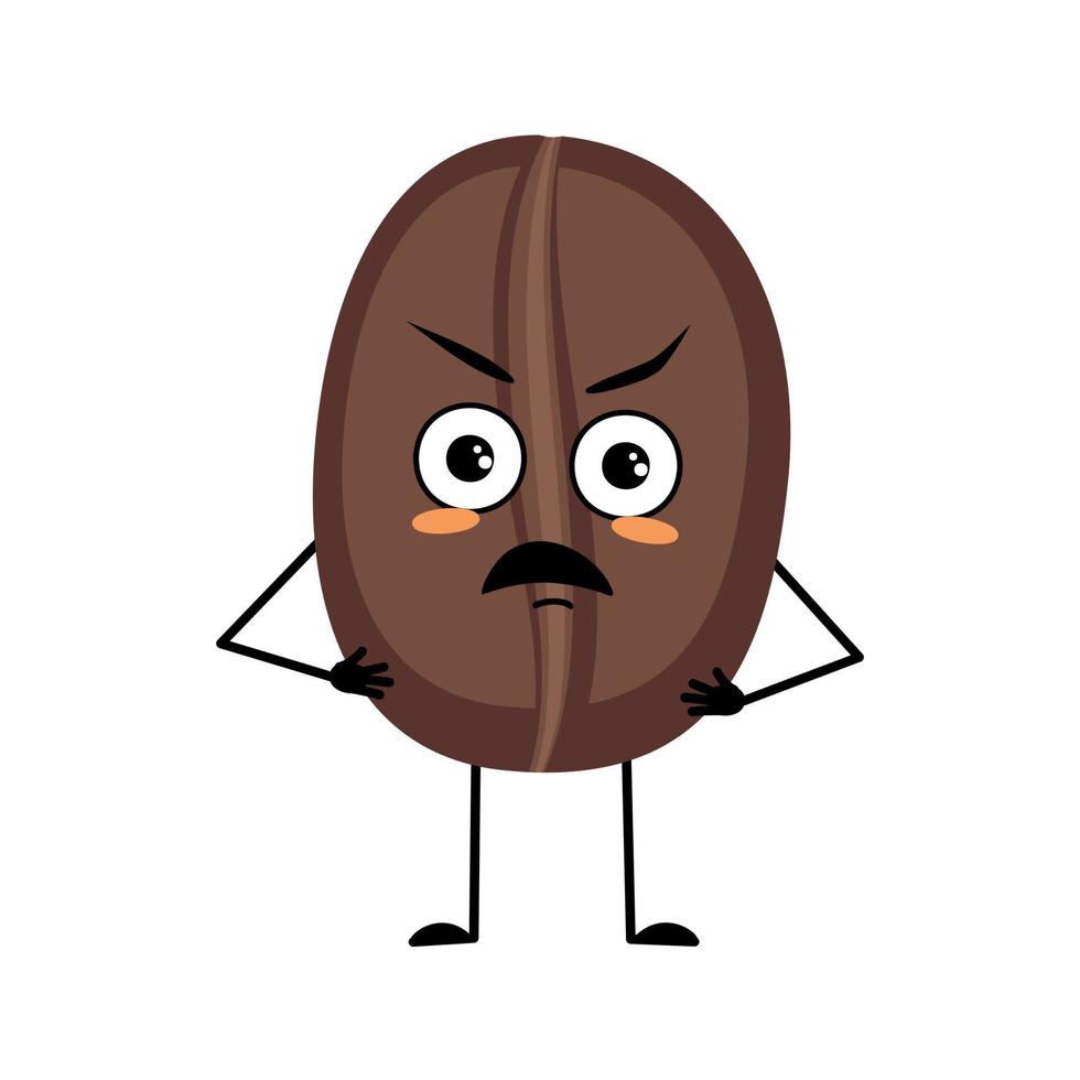 Coffee bean character with angry emotions, grumpy face, furious eyes, arms and legs. Person with irritated expression and pose. Vector flat illustration