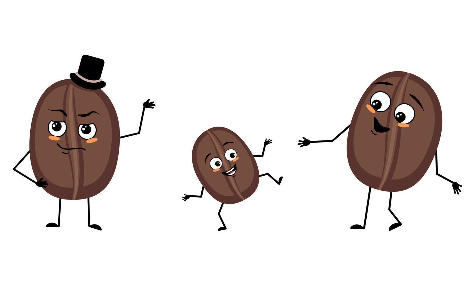 Family of coffee bean character with happy emotions and poses, smile face, happy eyes, arms and legs. Mom is happy, dad is wearing hat and child with dancing pose. Vector flat illustration