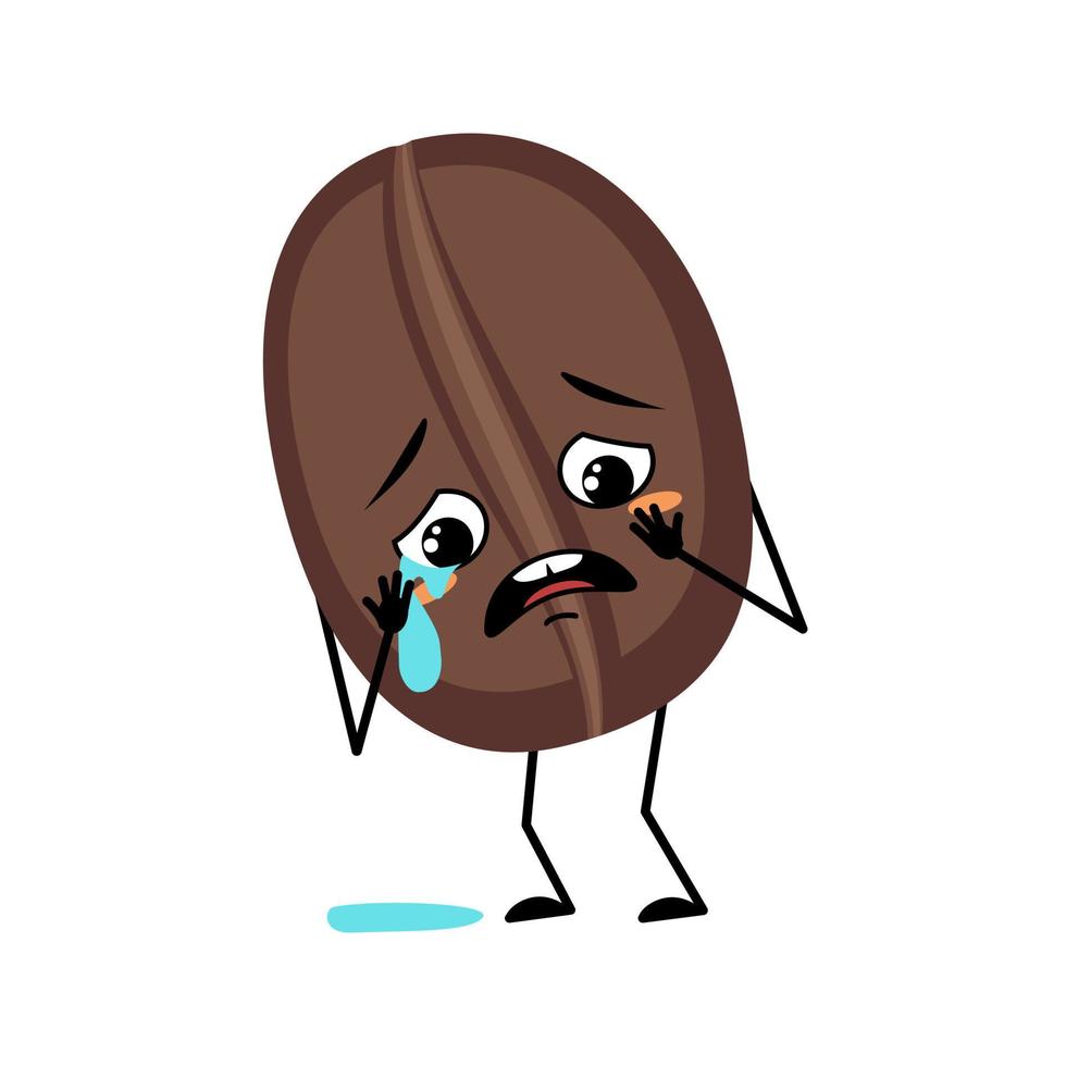 Coffee bean character with crying and tears emotion, sad face, depressive eyes, arms and legs. Food person with melancholy expression and pose. Vector flat illustration