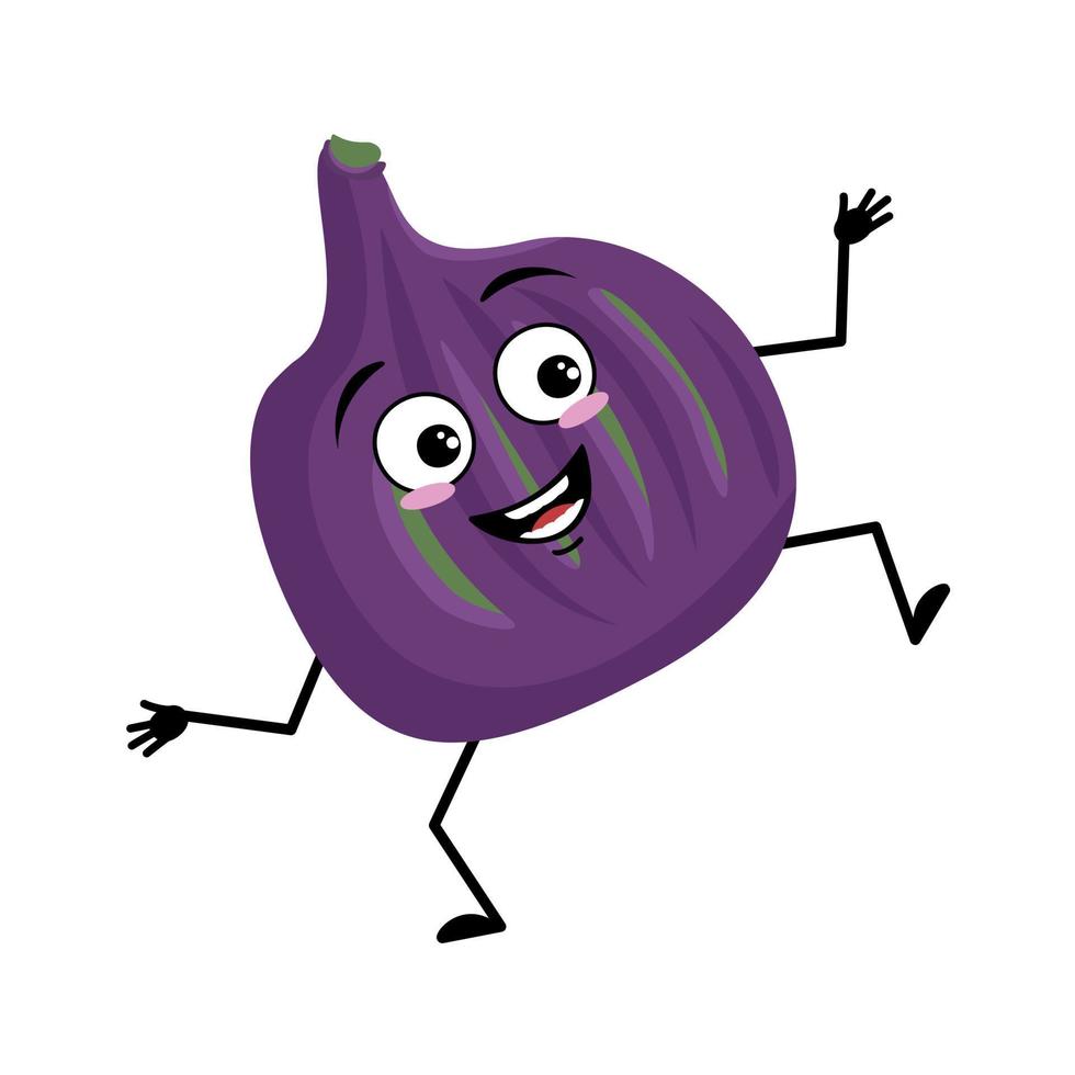 personaje de higo con emoción feliz, cara alegre, ojos sonrientes, brazos y piernas. persona con expresión, emoticono de fruta violeta. ilustración plana vectorial vector