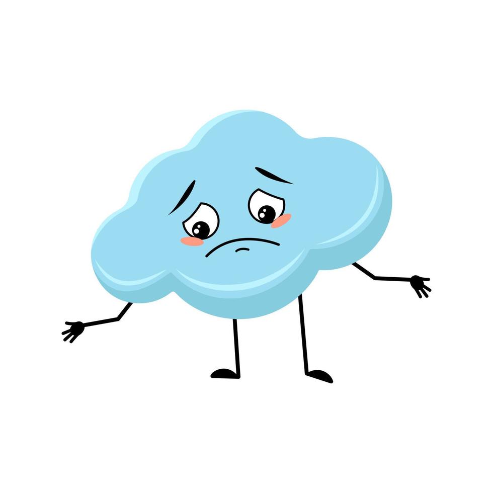 Cute cloud character with sad emotions, depressed face, down eyes, arms and legs. Person with melancholy expression and pose. Vector flat illustration