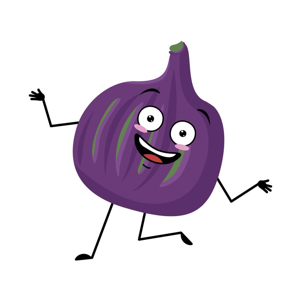 personaje de higo con loca emoción feliz, cara alegre, ojos sonrientes, brazos y piernas. persona con expresión graciosa, emoticono de fruta violeta. ilustración plana vectorial vector