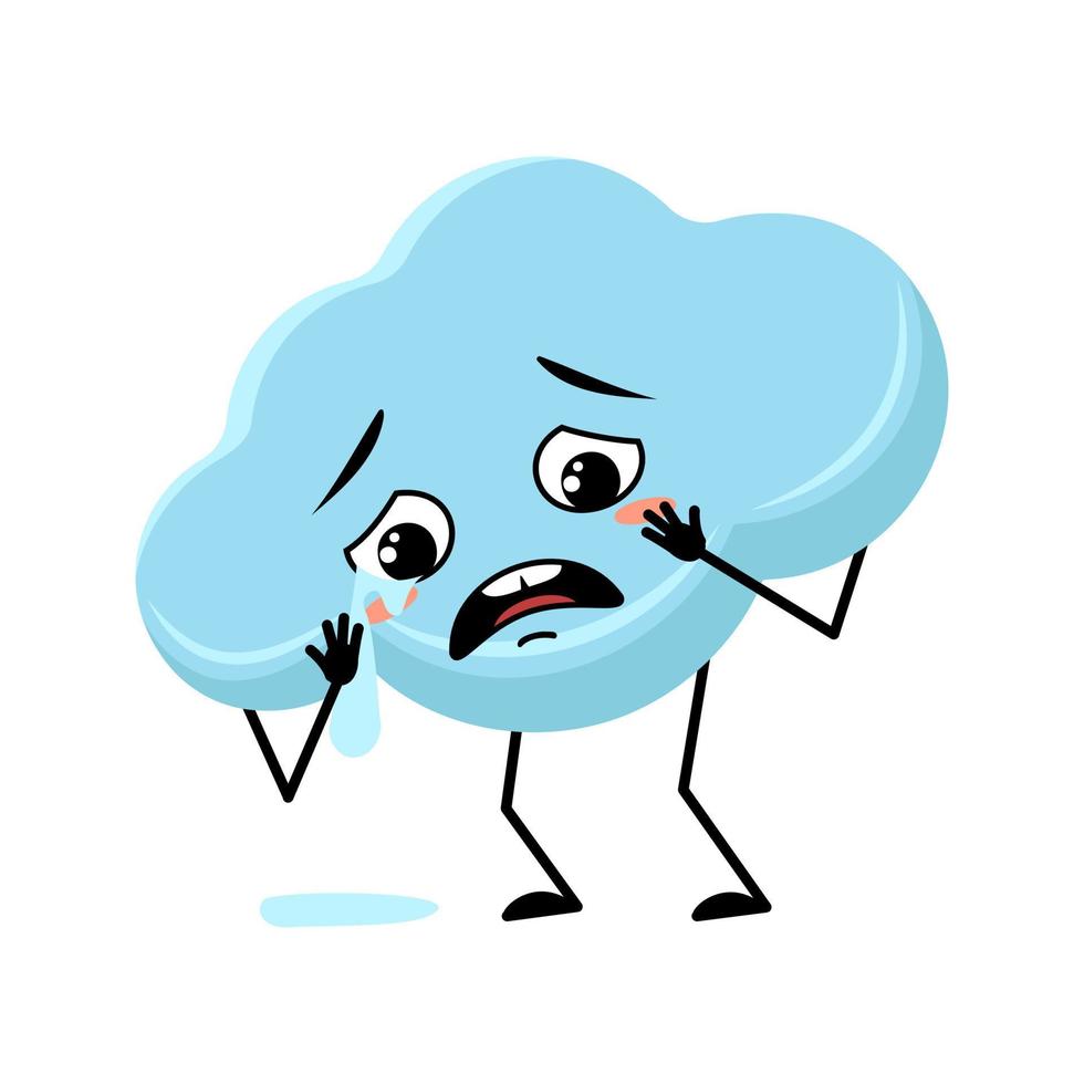 Cute cloud character with crying and tears emotion, sad face, depressive eyes, arms and legs. Person with melancholy expression and pose. Vector flat illustration