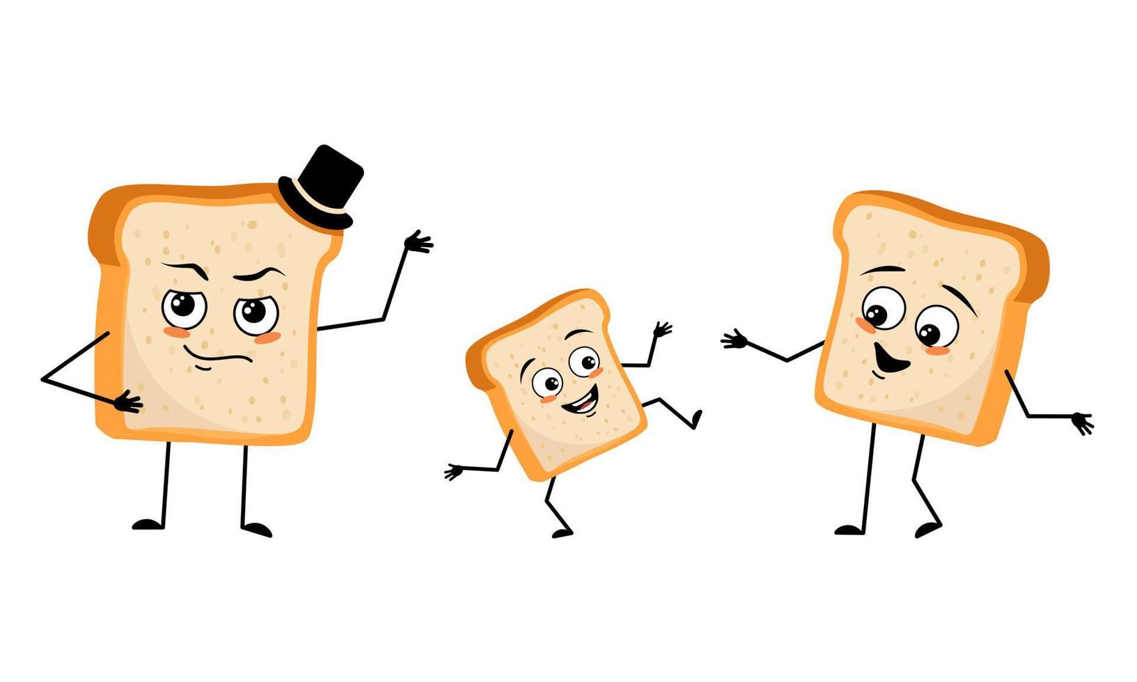 Family of bread character  with happy emotions and poses, smile face, happy eyes, arms and legs. Mom is happy, dad is wearing hat and child with dancing pose. Vector flat illustration
