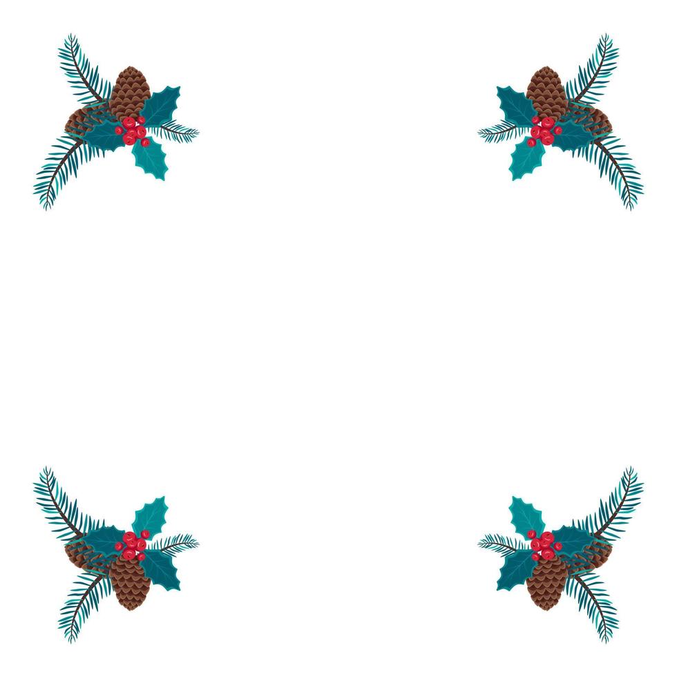 marco navideño de ramas de abeto azul con conos, hojas y bayas de acebo. decoración festiva para el nuevo año y decoración de interiores. ilustración plana vectorial vector