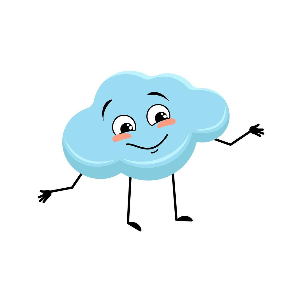 Cute cloud character with happy emotion, joyful face, smile eyes, arms and legs. Person with funny expression and pose. Vector flat illustration