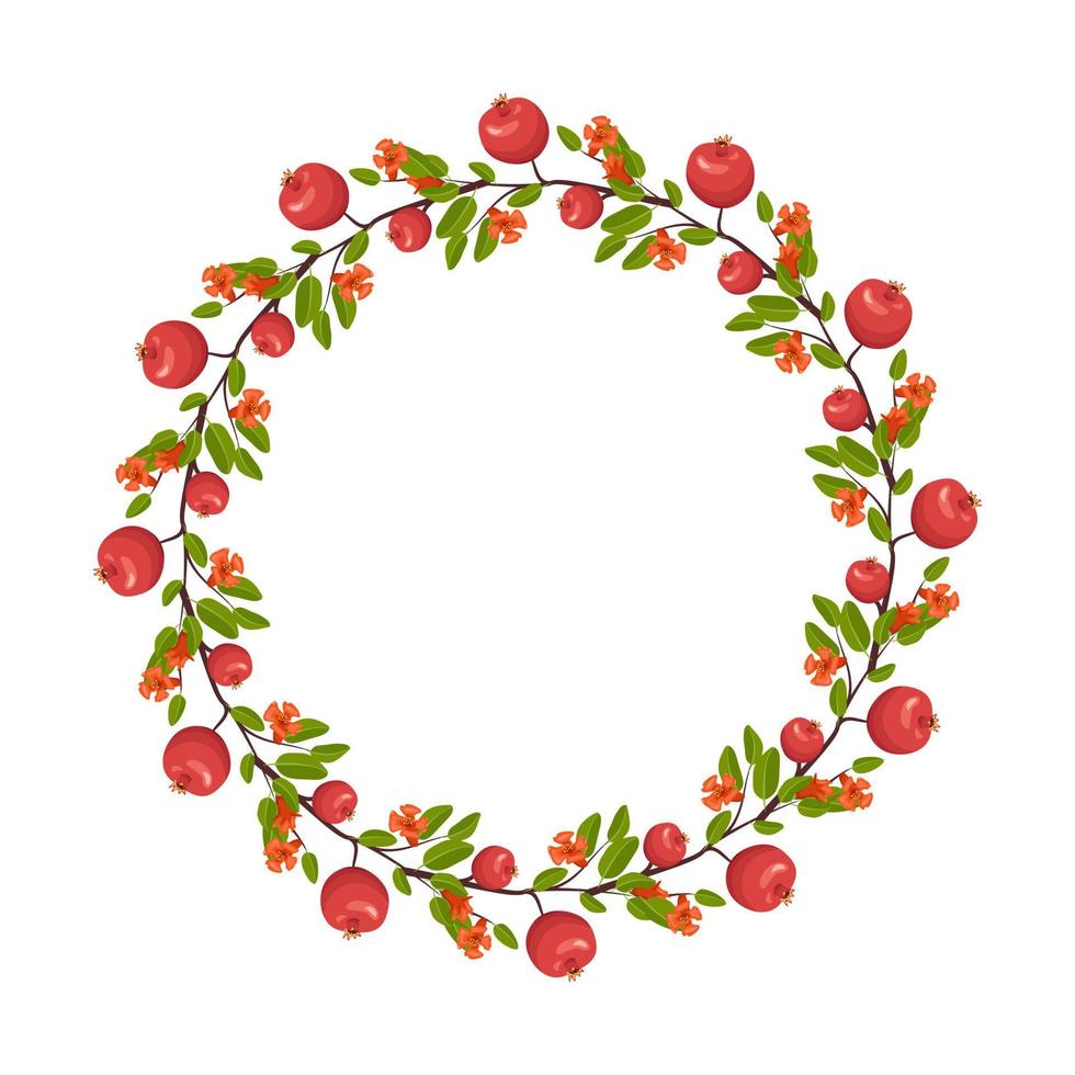 Round frame of pomegranate flowers and fruits. wreath with spring blooming composition with plants and leaves. Festive decoration for wedding, holiday, postcard and design. Vector flat illustration