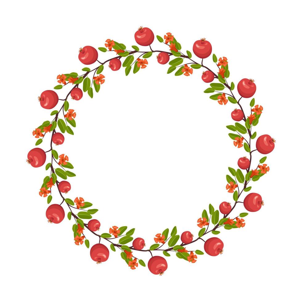 Round frame of pomegranate flowers and fruits. wreath with spring blooming composition with plants and leaves. Festive decoration for wedding, holiday, postcard and design. Vector flat illustration