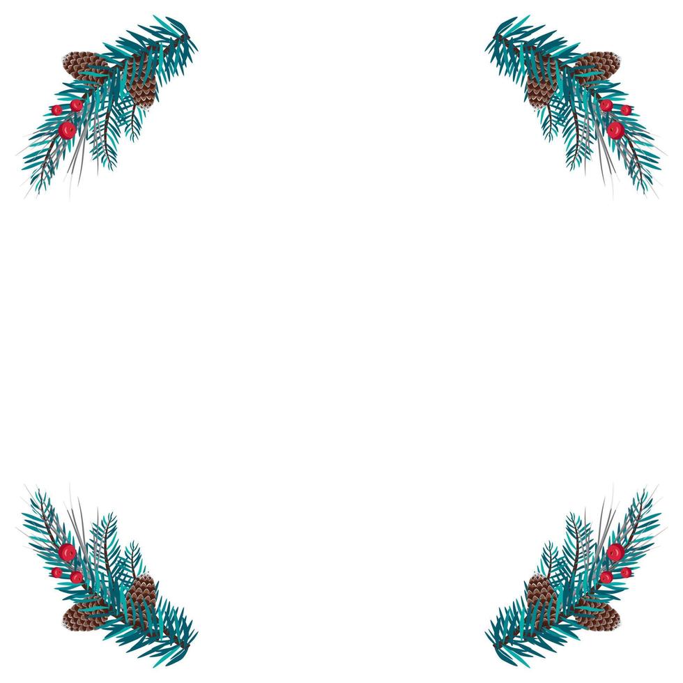 marco de navidad de ramas de abeto con agujas azules, bayas rojas y conos. decoración festiva para año nuevo y vacaciones de invierno. ilustración plana vectorial vector
