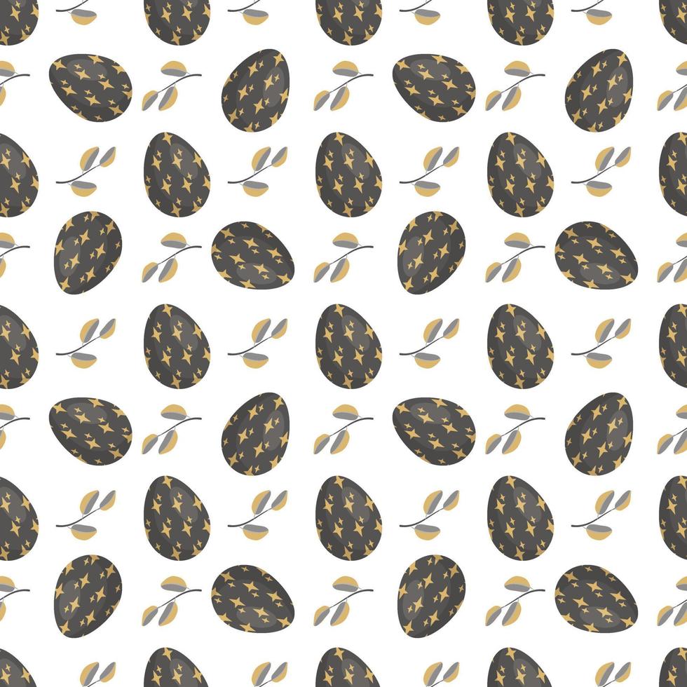 Happy Easter seamless pattern with eggs. Print of the Christian Spring Holiday. Festive decoration drawn in black and gold colour with abstract elements on white background. Vector flat illustration