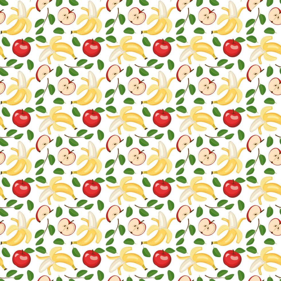 Seamless pattern with yellow banana and red apple. Print from whole healthy fruits. Background from sweet food for diet. Vector flat illustration